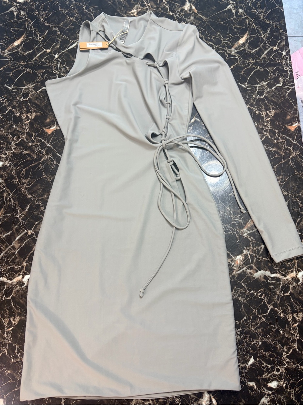 SKIMS Asymmetrical One-Arm Tie-Detail Dress in Light Grey